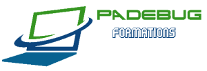 logo de padebug-formations un ordinateurs avec un cercle vert et bleu autour